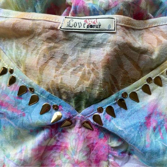 Y2K Boho Fairy Top with Psychedelic Sun Print & Gold Studded Neckline Size M - Picture 6 of 7